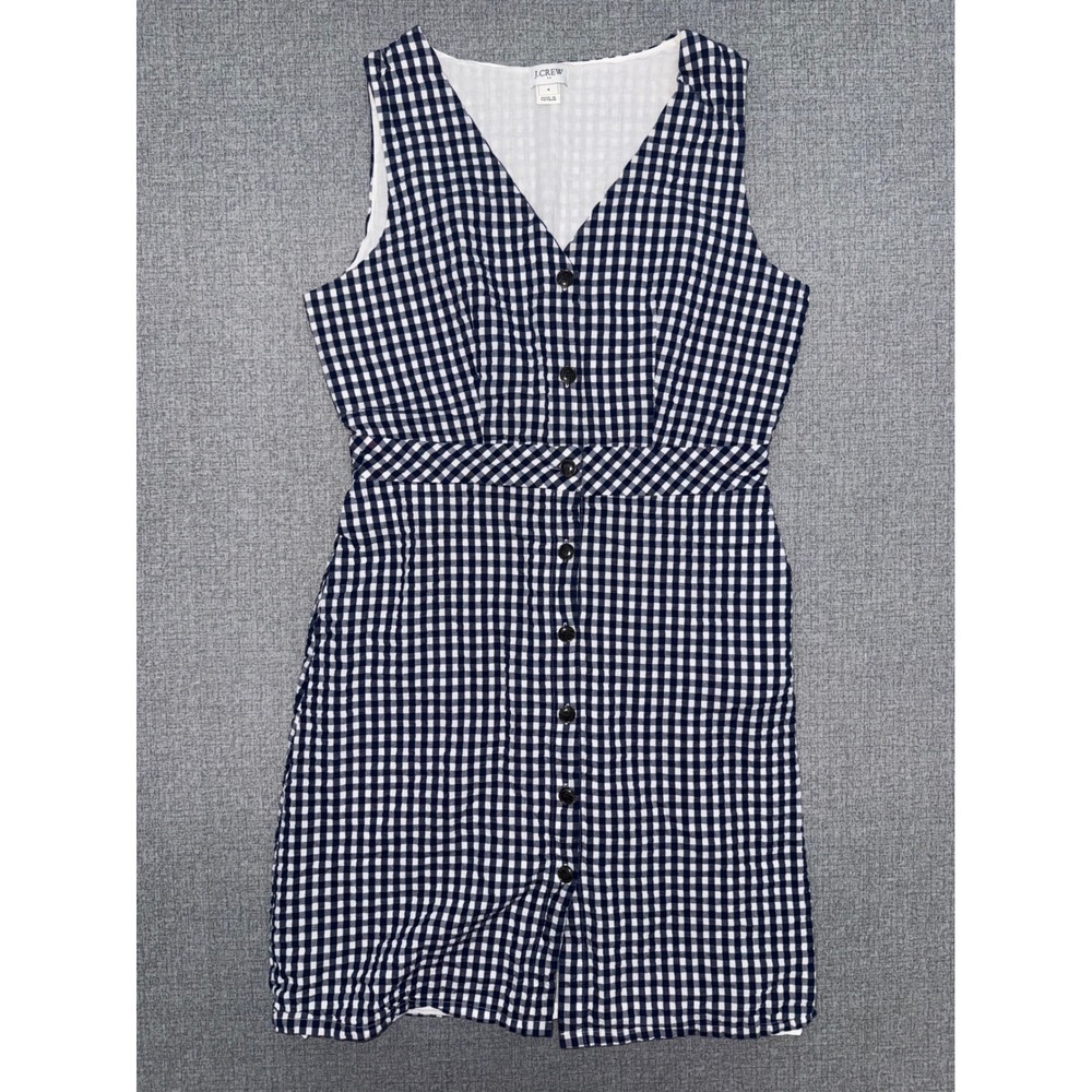 J.Crew Size 6 Button Front Dress Navy Blue Gingham Seersucker Sleeveless